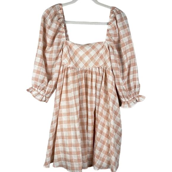 Gypsy Rose Pink & White Gingham Babydoll Dress Puffed Sleeves Pockets Size Small - Picture 2 of 10